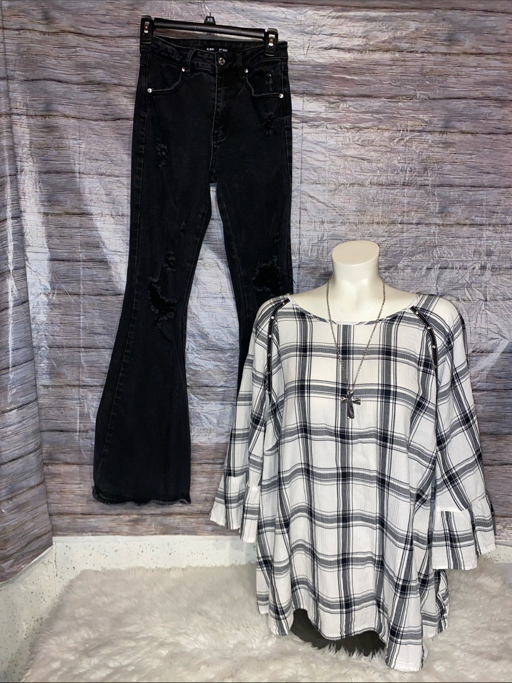 Boutique Black and White Plaid Ruffle Sleeve Top